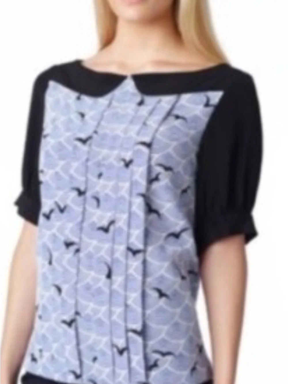 Kate Spade Women’s Black & Light Blue Pleated Print Blouse